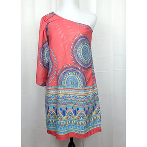 Hello Miss Short Dress One Shoulder Pattern Women S Coral MultiColor Blue Beachy